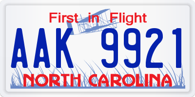 NC license plate AAK9921