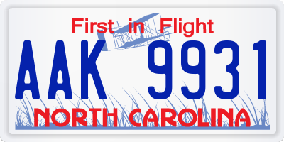 NC license plate AAK9931