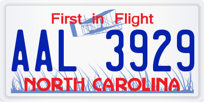 NC license plate AAL3929