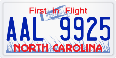 NC license plate AAL9925
