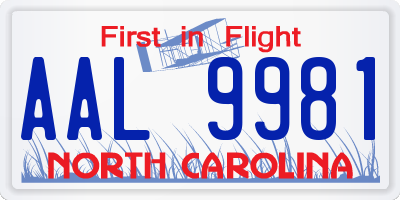 NC license plate AAL9981