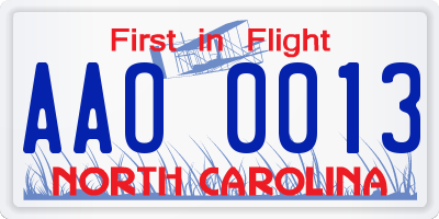 NC license plate AAO0013