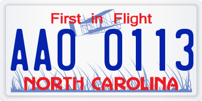 NC license plate AAO0113