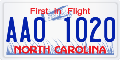 NC license plate AAO1020