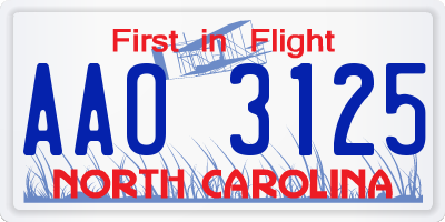 NC license plate AAO3125