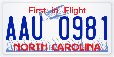 NC license plate AAU0981