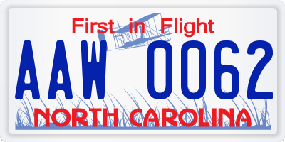 NC license plate AAW0062