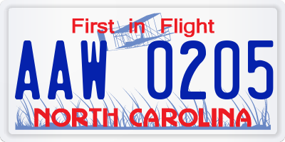 NC license plate AAW0205