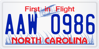 NC license plate AAW0986