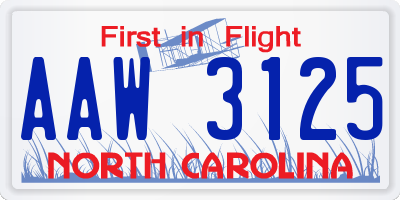 NC license plate AAW3125