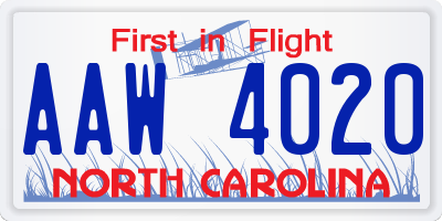 NC license plate AAW4020