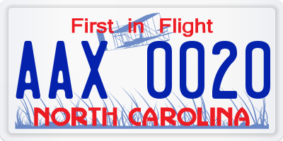 NC license plate AAX0020
