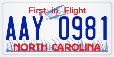 NC license plate AAY0981