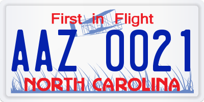 NC license plate AAZ0021