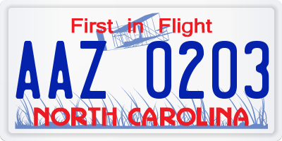 NC license plate AAZ0203