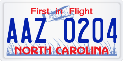 NC license plate AAZ0204
