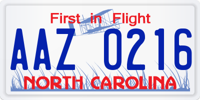 NC license plate AAZ0216