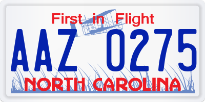NC license plate AAZ0275