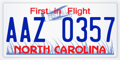 NC license plate AAZ0357