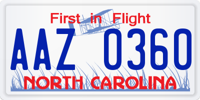 NC license plate AAZ0360