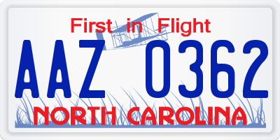NC license plate AAZ0362