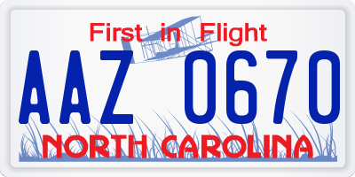 NC license plate AAZ0670