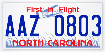 NC license plate AAZ0803