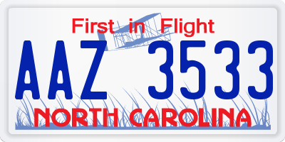 NC license plate AAZ3533