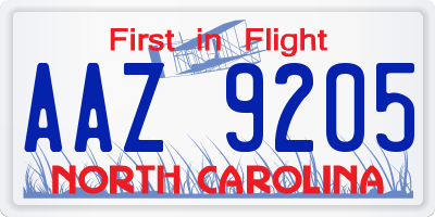 NC license plate AAZ9205