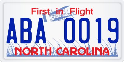 NC license plate ABA0019