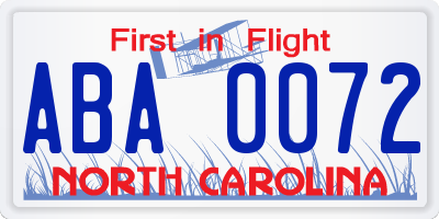 NC license plate ABA0072