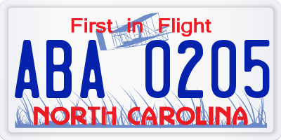 NC license plate ABA0205