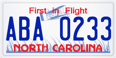 NC license plate ABA0233