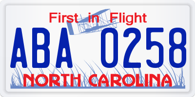 NC license plate ABA0258