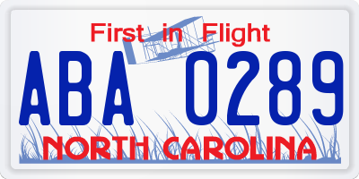 NC license plate ABA0289