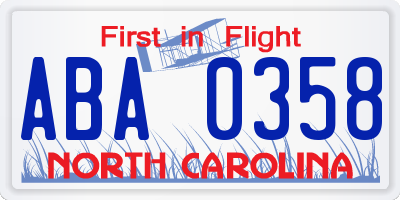 NC license plate ABA0358