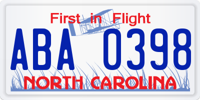 NC license plate ABA0398