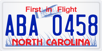 NC license plate ABA0458