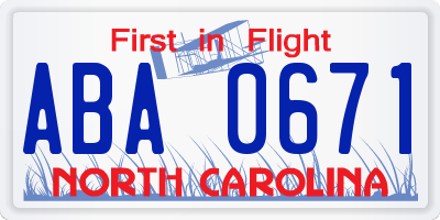 NC license plate ABA0671