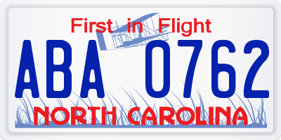 NC license plate ABA0762