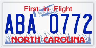 NC license plate ABA0772