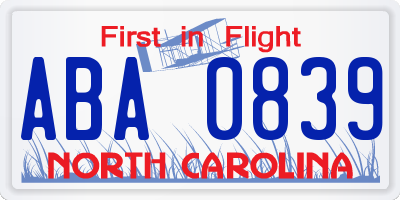 NC license plate ABA0839