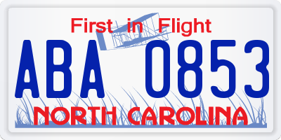 NC license plate ABA0853