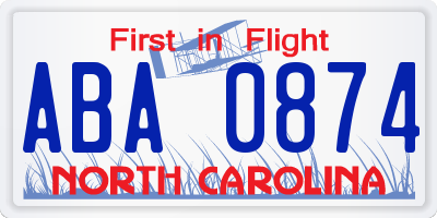 NC license plate ABA0874