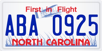NC license plate ABA0925