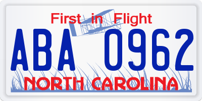 NC license plate ABA0962