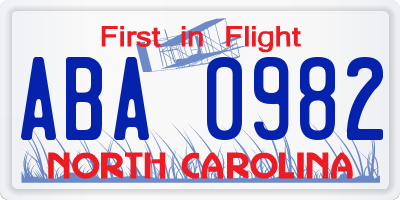 NC license plate ABA0982