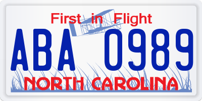 NC license plate ABA0989