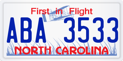 NC license plate ABA3533