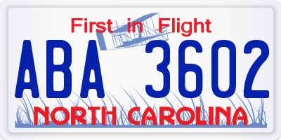 NC license plate ABA3602